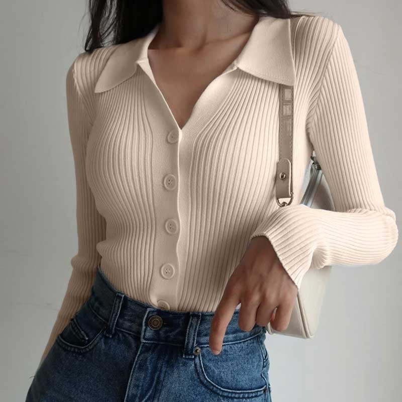 Women New Lapel Slim Slimming Tops Ladies Hollow Buttons Sexy V Neck Long Sleeve Polo Neck Knit Cardigan Sweater Women