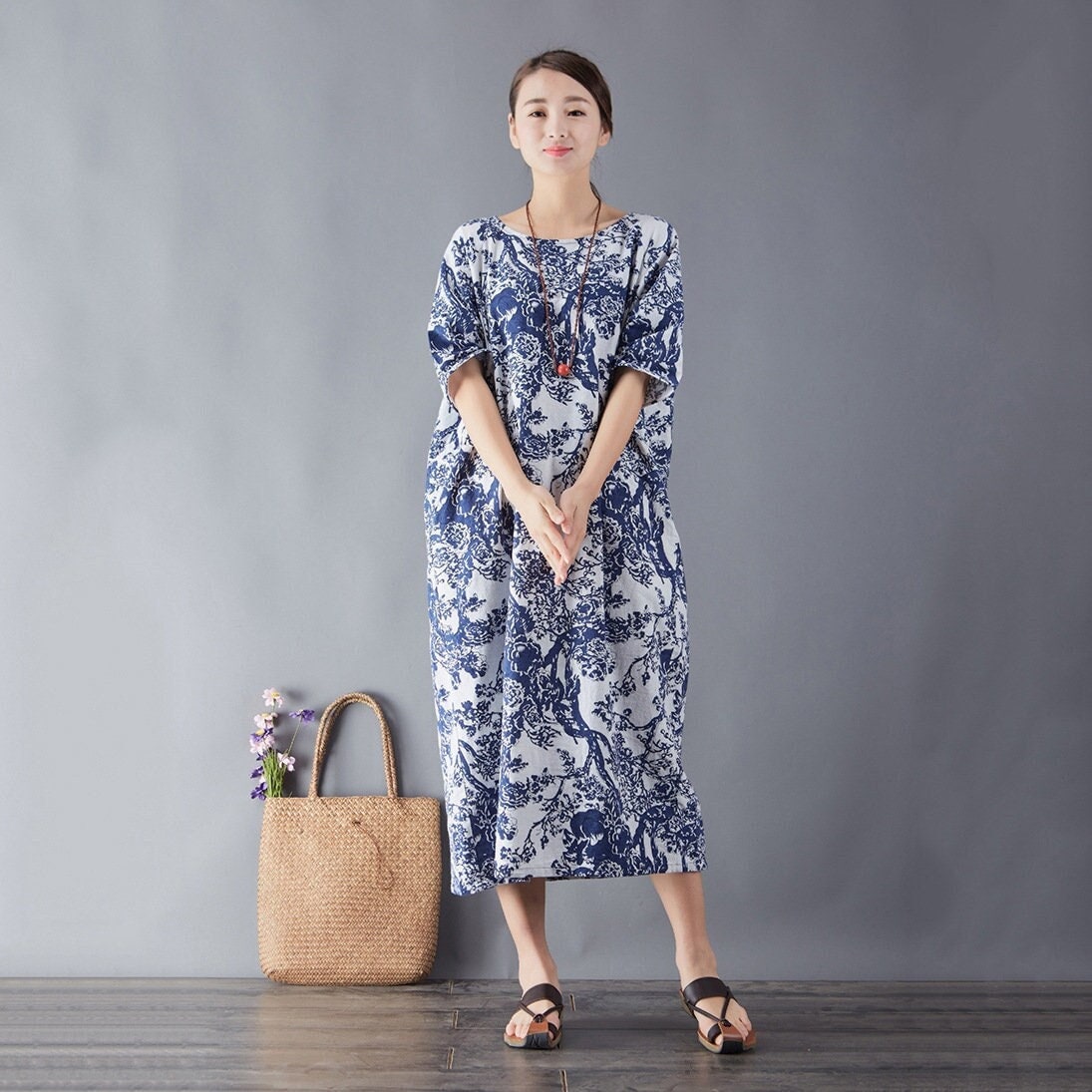 Women Printed Cotton Dress Floral Casual Loose Robes Half Sleeves Shift Dress Boho Midi Dresses Customized Dress Plus Size Clothing Linen