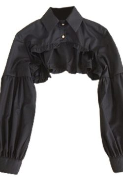 Women Puff Long Sleeve Half Top Blouse Ruffled Edge Golden Button Detachable False Fake Collar Winter Sweater