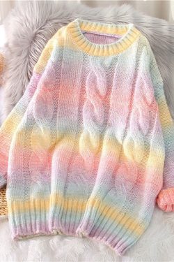 Women Rainbow Sweater Knitted Pullover Oversized Sweaters Loose Striped Sweaters Knit Sweater Women Clothing