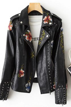Women Retro Floral Print Embroidery Faux Soft Leather Jacket Coat Turndown Collar Moto Biker Black Punk Outerwear