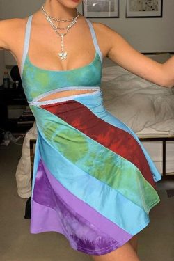 Women Sexy Cutout Colorful Y2k Mini Dress Spaghetti Strap Bodycon Sundress Vintage E Girl Summer Party Clubwear A Line Dress