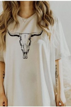 Women Shirts Boho Cow Skull Shirt Wild West Shirt Western Graphic Tee Cowgirl Shirt Bull Skull Shirt Western Clothing