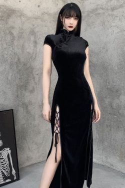 Women Slit Decorated Collar Patchwork Dress Vintage Women Sexy Short Sleeve Elegant Black Velvet Maxi Long Cheongsam Dress