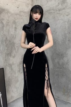 Women Slit Decorated Collar Patchwork Dress Vintage Women Sexy Short Sleeve Elegant Black Velvet Maxi Long Cheongsam Dress