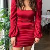 Women Solid Square Collar Sexy Dresses Ladies Streetwear Backless Zip Vestidos Articat New Satin Puff Sleeve Ruched Dress