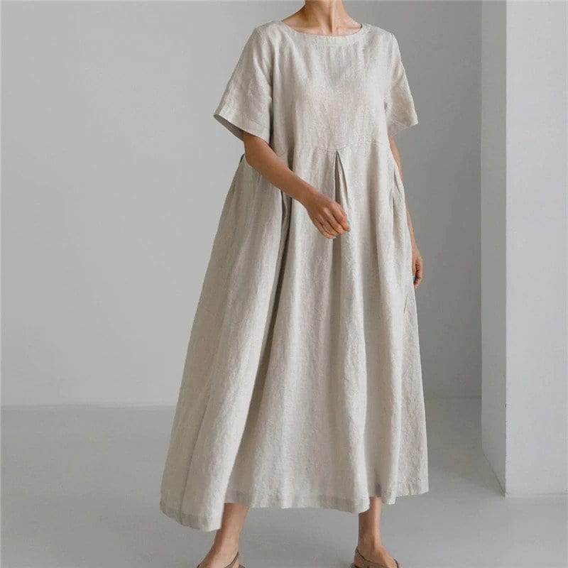 Women Summer Dress Cotton Dresses Short Sleeves Dress Long Midi Dress Loose Robes Shirt Dress Pullover Dress