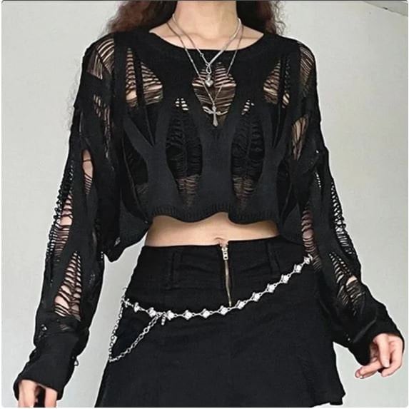 Women Tops Hollow Out Sweater Knitted Pullover Top Long Sleeve Thin Top Jumper Ripped Top Gothic Loose Streetwear
