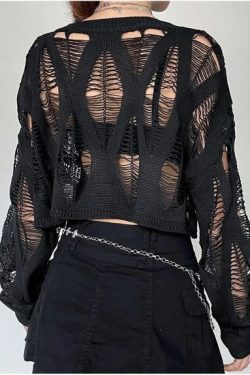 Women Tops Hollow Out Sweater Knitted Pullover Top Long Sleeve Thin Top Jumper Ripped Top Gothic Loose Streetwear
