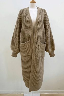 Women Winter Brown Beige Gray Black Oversized Crochet Cardigan Long Hand Knit Pullover Chunky Knit Sweater Maxi