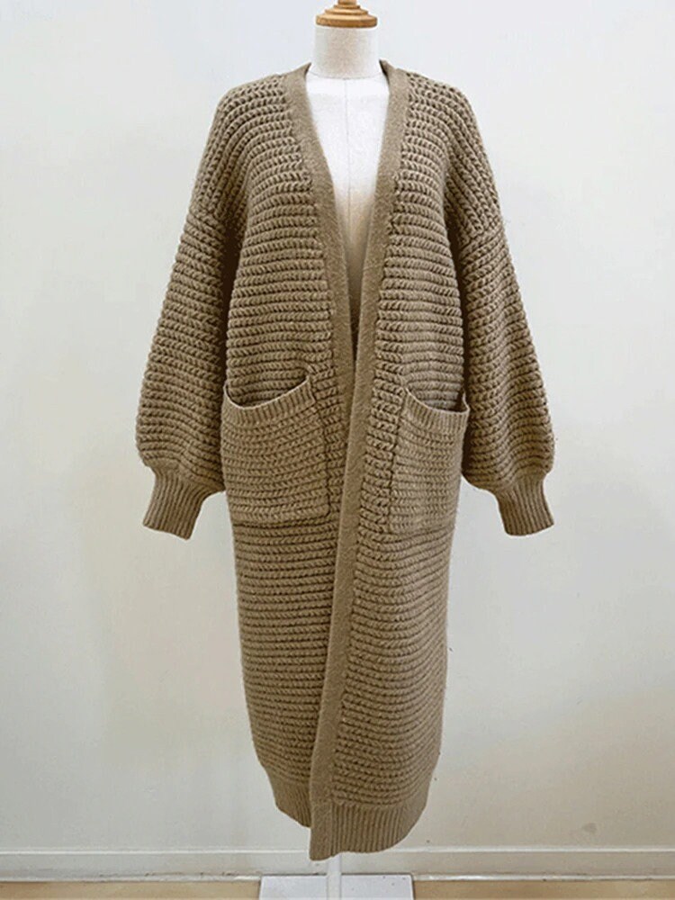 Women Winter Brown Beige Gray Black Oversized Crochet Cardigan Long Hand Knit Pullover Chunky Knit Sweater Maxi