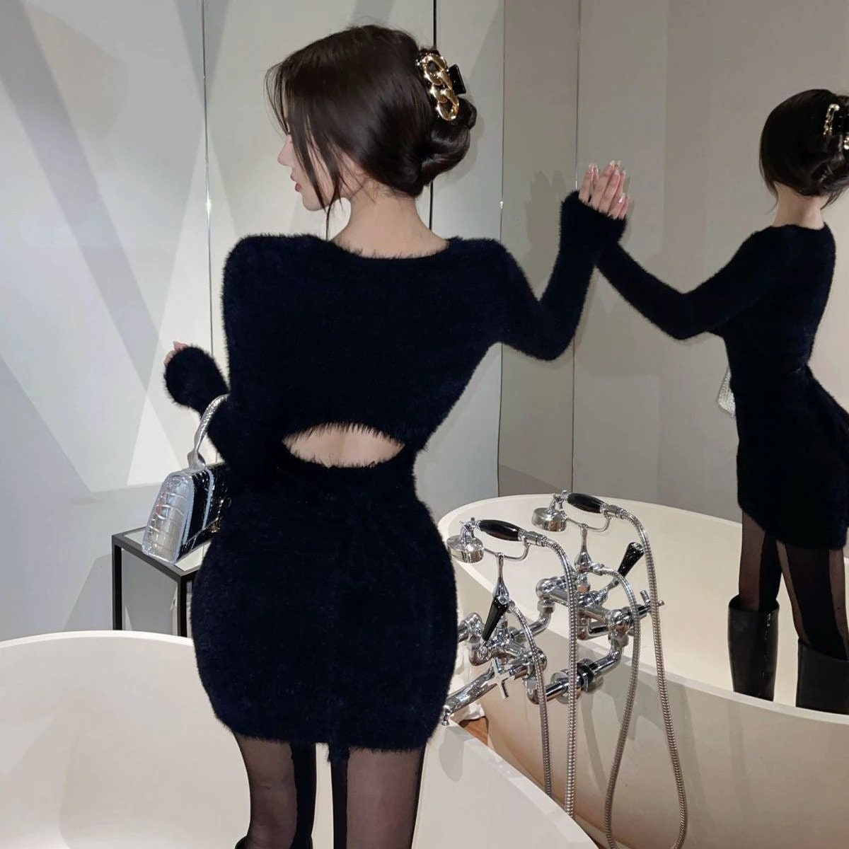 Women Winter Clothes Evening Dresses Bodycon Long Sleeve Backless Night Club Knit Elegant Sweaters Sexy Dress