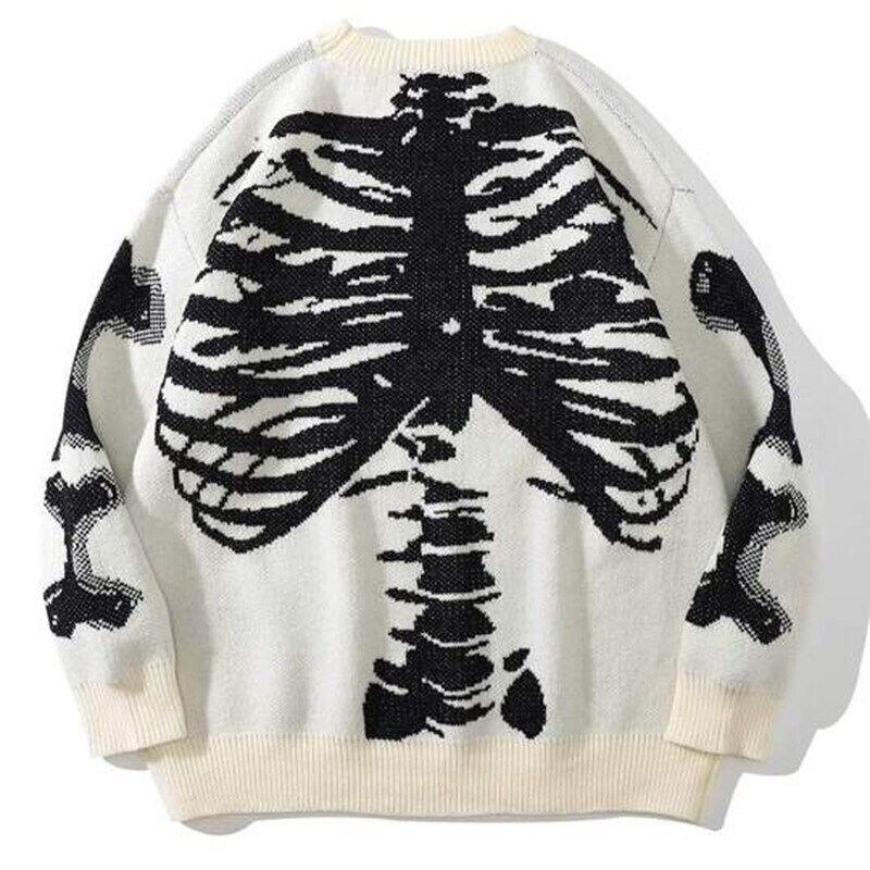 Women Winter Cotton Pullover Oversized Vintage Knitted Loose Skeleton Bone Print One Pullover Fashion Streetwear Sweater