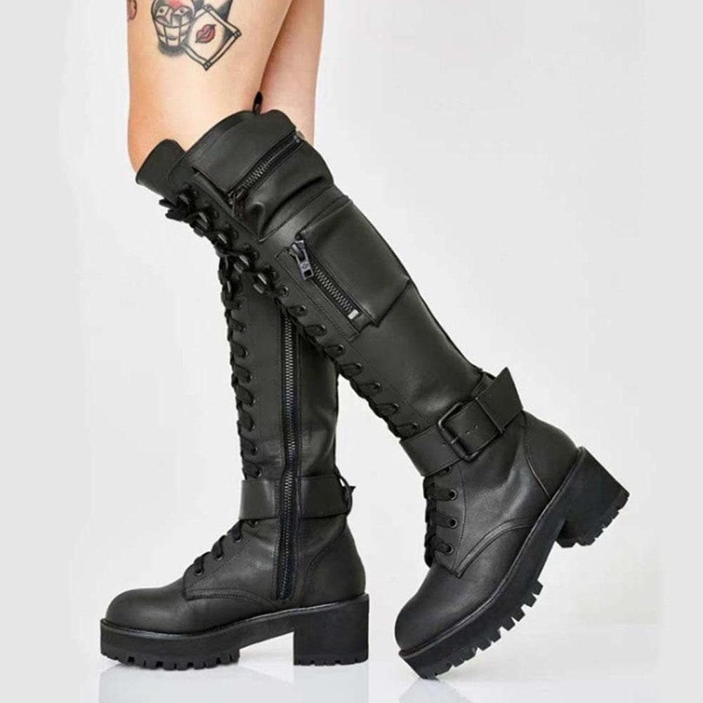 Womens Boots Motorcycle Boots Knee High Boots Riding Boots Platform Boot Comfortable Boots Black Boots White Black Goth Winter Boots