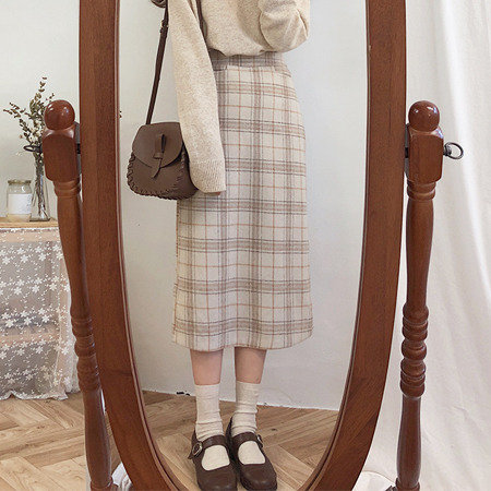 Woolen Plaid Pencil Skirt