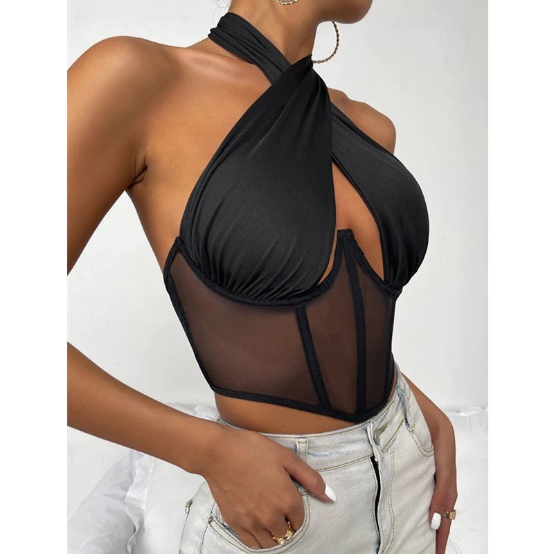 Wsevypo Sexy Hollow Chest Holder Neck Tank Tops Women Summer Monochrome Bustiers Crop Tops Fashion Backless