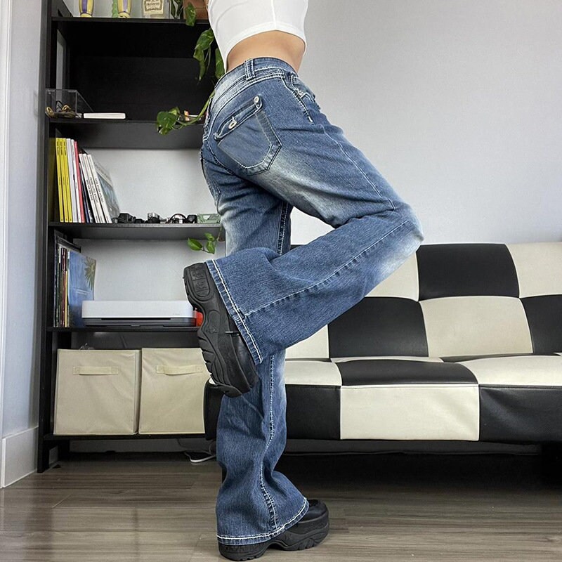Y2k 2000s Basic Jeans Women Pants & Sexy Korean Fashion Retro Harajuku Vintage Multi Pocket Straight Leg Pants