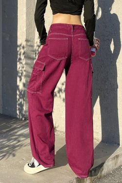 Y2k 2000s Basic Red Highwaist Women Pants & Sexy Korean Fashion Retro Harajuku Vintage Multi Pocket Straight Leg Pants