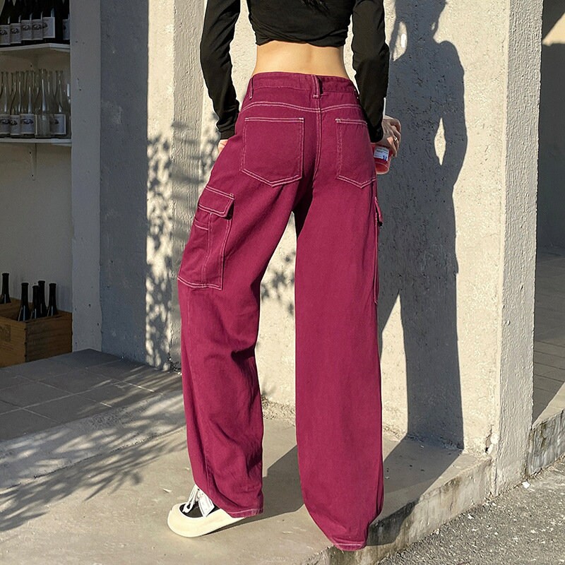 Y2k 2000s Basic Red Highwaist Women Pants & Sexy Korean Fashion Retro Harajuku Vintage Multi Pocket Straight Leg Pants