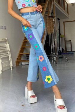 Y2k 2000s Cute Flower High Waisted Cropped Pants & Sexy Korean Fashion Retro Harajuku Vintage Multi Pocket Straight Leg Pants