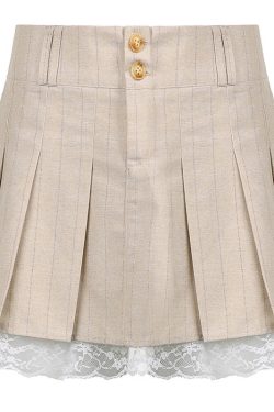 Y2k 2000s Khaki Lace High Waist Pleated Skirt Dress Punk Skirt Low Waist&sexy Korean Fashion Retro Harajuku Vintage