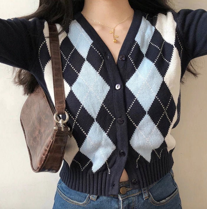Y2k 2000s Style Knit Argyle Button Up Cardigan Retro Vintage Trends Cute Aesthetic Fashion Blue Black White Pink Cream Gray Grey