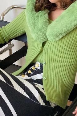 Y2k 4 Colored Fluffy Patchwork Neck Decorated Long Sleeve Cardigan Knitted Jumper Sweater Autumnwear Harajuku Streetwear Winterwear