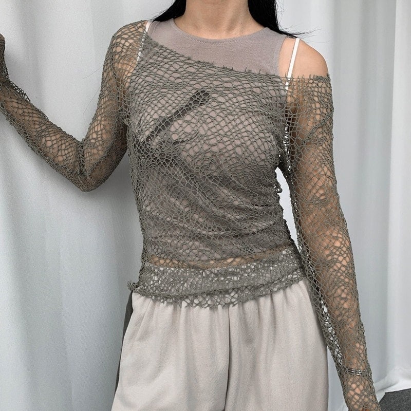 Y2k Aesthetic Fairy Long Sleeve Fishnet Crop Top 2000s Streetwear Trendy Clothes Y2k Clothing