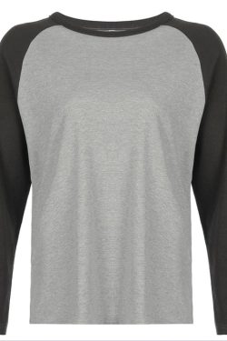 Y2k Basic Grey Shirts Contrast Patchwork Long Sleeve Loose Tees Preppy Vintage Y2k Shirt Streetwear Winter Shirt