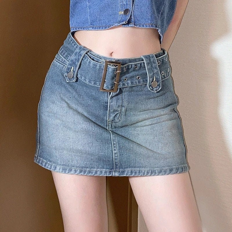 Y2k Belt & Short Underneath Designed High Waisted Sexy Denim Mini Skirt Summerwear Vintage Retro Korean Lolita Harajuku