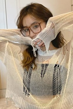 Y2k Black Gothic Thin Pullover Loose Sweater Hollow Out Streetwear Stretch Split Knitted Top Grunge Korean Style Harajuku