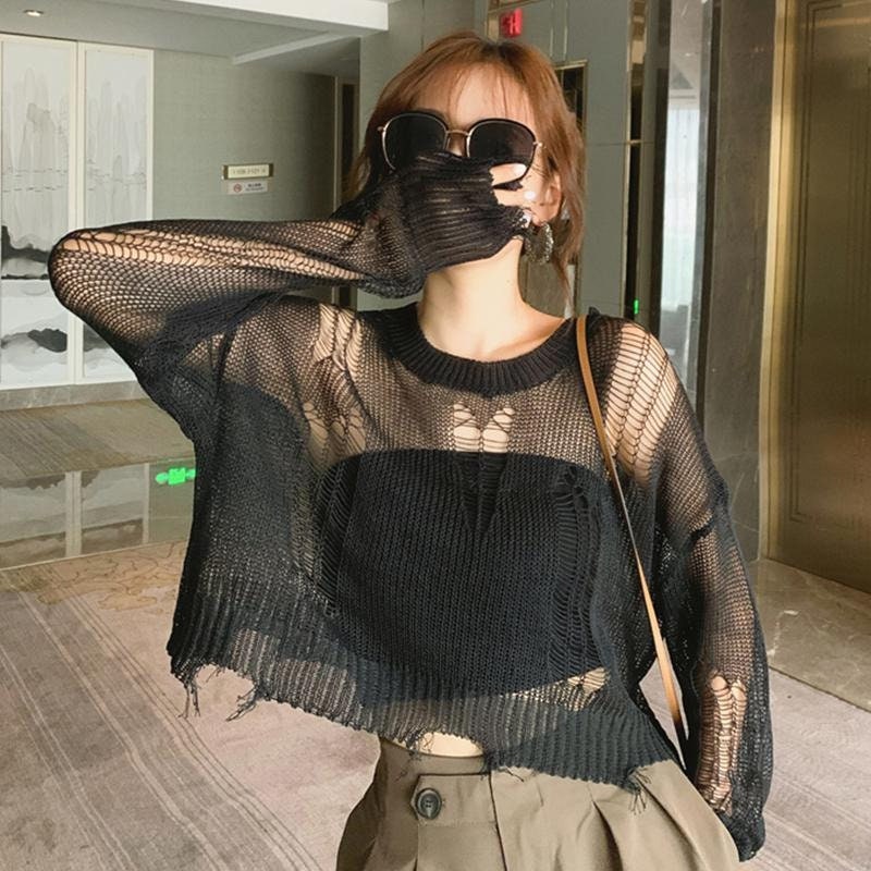 Y2k Black Gothic Thin Pullover Loose Sweater Hollow Out Streetwear Stretch Split Knitted Top Grunge Korean Style Harajuku