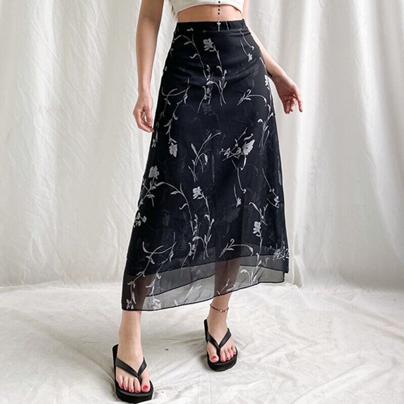 Y2k Black High Waist Floral Print Aesthetic Long Skirt Trendy Clothes