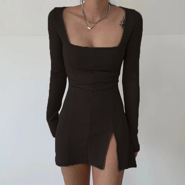 Y2k Black Nude Ribbed Square Neck Long Sleeve Split Mini Dress