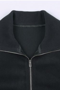 Y2k Black Solid Basic Jacket Long Sleeve Y2k Crop Jackets Zip Up Stand Collar Slim Jacket For Woman