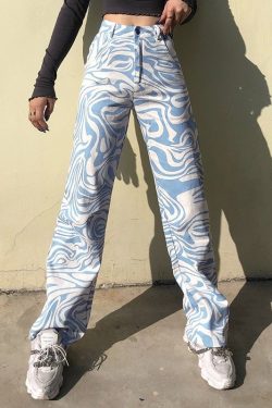 Y2k Brown Blue Beige Swirl Print Baggy High Waist Jeans