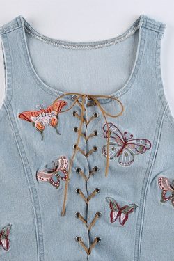 Y2k Butterfly & Cross Tie Designed Denim Vest Crop Top Lolita Vintage Fairy Streetwear Retro