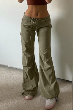 Y2k Cargo Pants Green Tie Up Trousers Women's Low Waist Trousers Women Casual Vintage Sweatpants Y2k