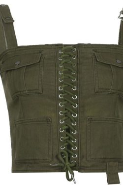 Y2k Cargo Style Bandage Corset Tops Women Retro Green Y2k Streetwear Stitched Sleeveless Vintage Street Wear Crop Tops