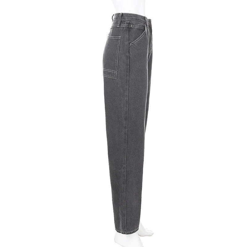 Y2k Casual Straight & Gray Colored High Waisted Sexy Denim Pants Streetwear Korean Lolita Retro Vintage