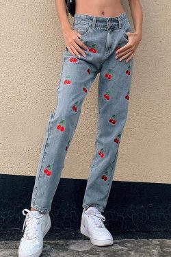 Y2k Cherry Embroidered High Waist Mom Jeans Harajuku Korean Fashion Kawaii Streetwear Retro Long Trousers