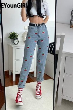 Y2k Cherry Embroidered High Waist Mom Jeans Harajuku Korean Fashion Kawaii Streetwear Retro Long Trousers