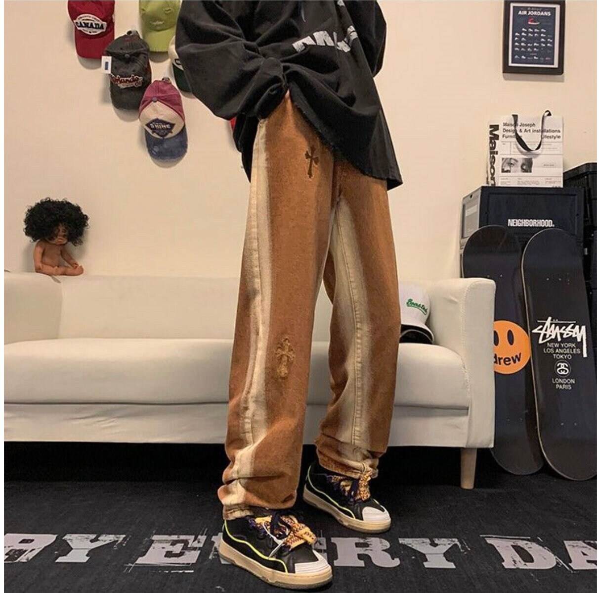 Y2k Clothes Casual Yellow Chrome Hearts Streetwear Grunge Retro Vintage Baggy Jeans Straight Trousers Wide Leg Pants For Women Streetwear