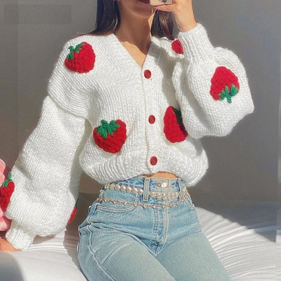 Y2k Clothing Strawberry Winter Cardigan Chunky Embroidery Knitted Cardigan Y2k Cardigan
