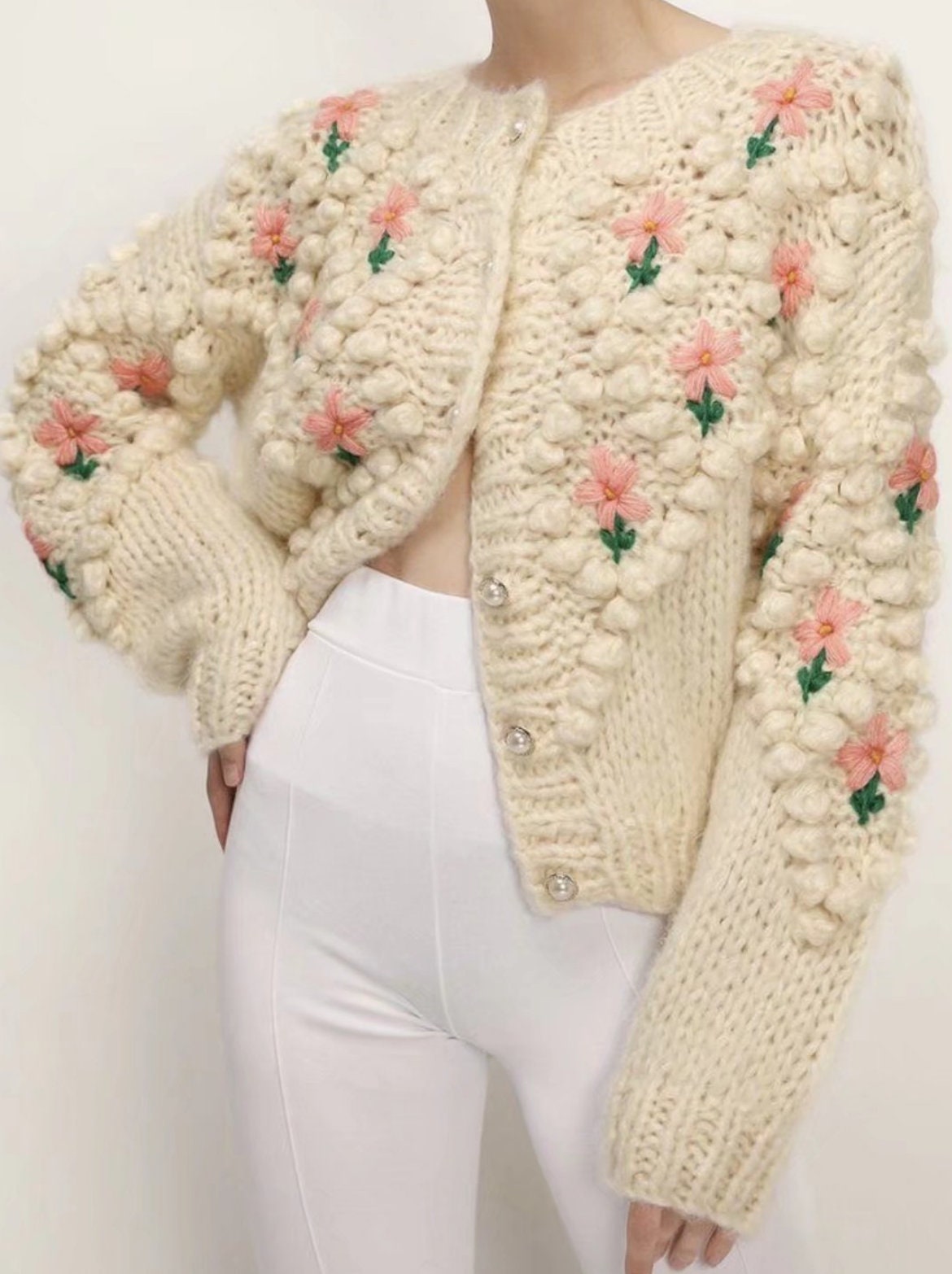 Y2k Clothing Sweater And Cardigans Floral Embroidery Hollow Out Chic Knit Jacket Pearl Beading Cardigans