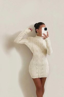 Y2k Cream Brown Black Cable Knit Cut Out Dress