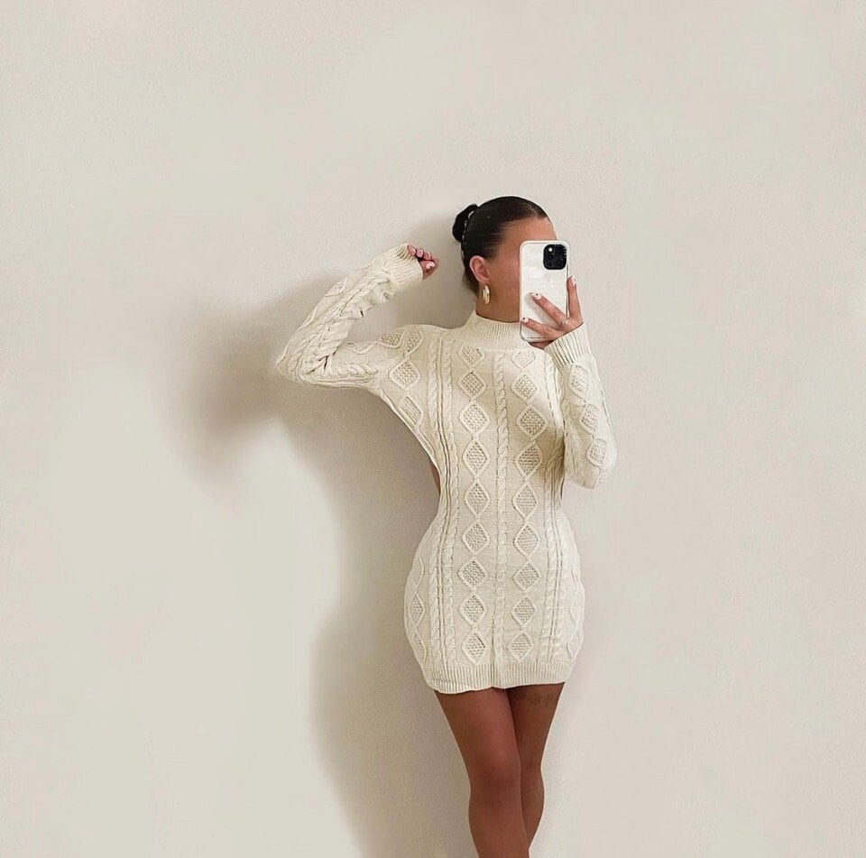 Y2k Cream Brown Black Cable Knit Cut Out Dress