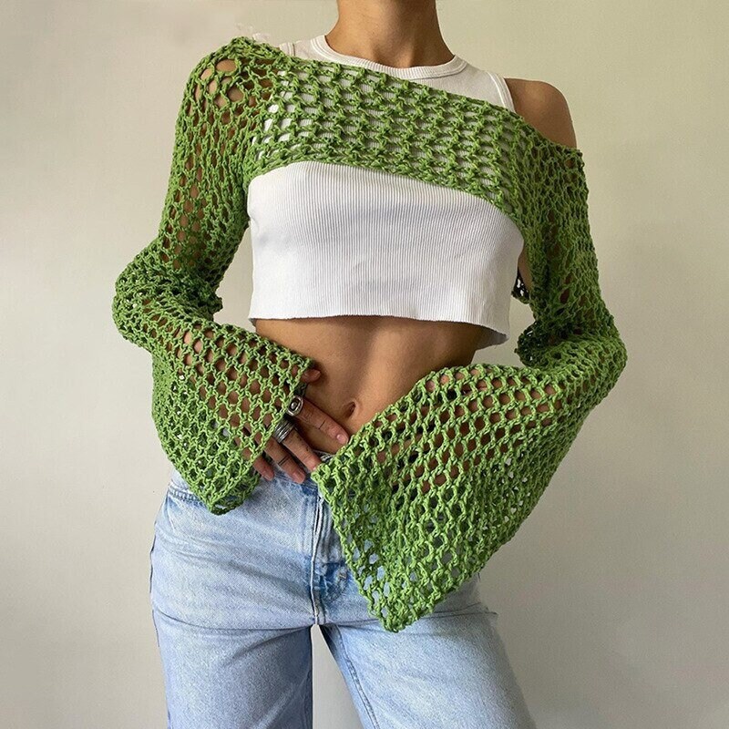 Y2k Crochet Knitted Crop Top Bolero Shrug Arm Sleeve Hollow Out Fishnet Jumper Shrug Sweater Smock Top Streetwear Aesthetic Harajuku