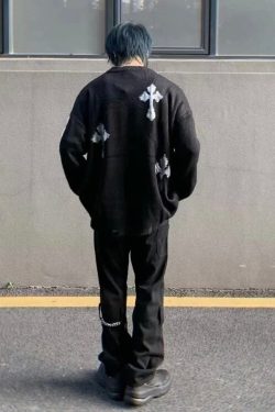 Y2k Cross Harajuku Crewneck Gothic Grunge Vintage Knitted Sweater Retro Oversized Pullover Streetwear Cross Sweatshirt