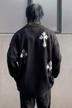Y2k Cross Harajuku Crewneck Gothic Grunge Vintage Knitted Sweater Retro Oversized Pullover Streetwear Cross Sweatshirt
